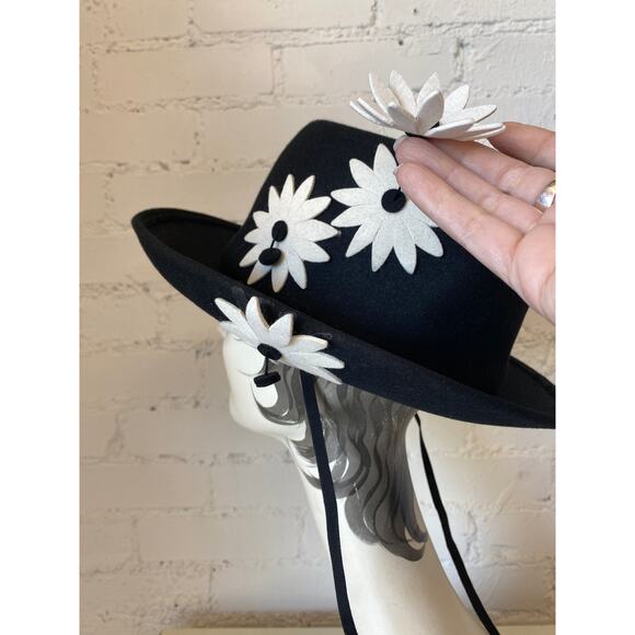 vintage 1960s Adolfo black wool wide brim hat with daisies 60s designer mod main image 6